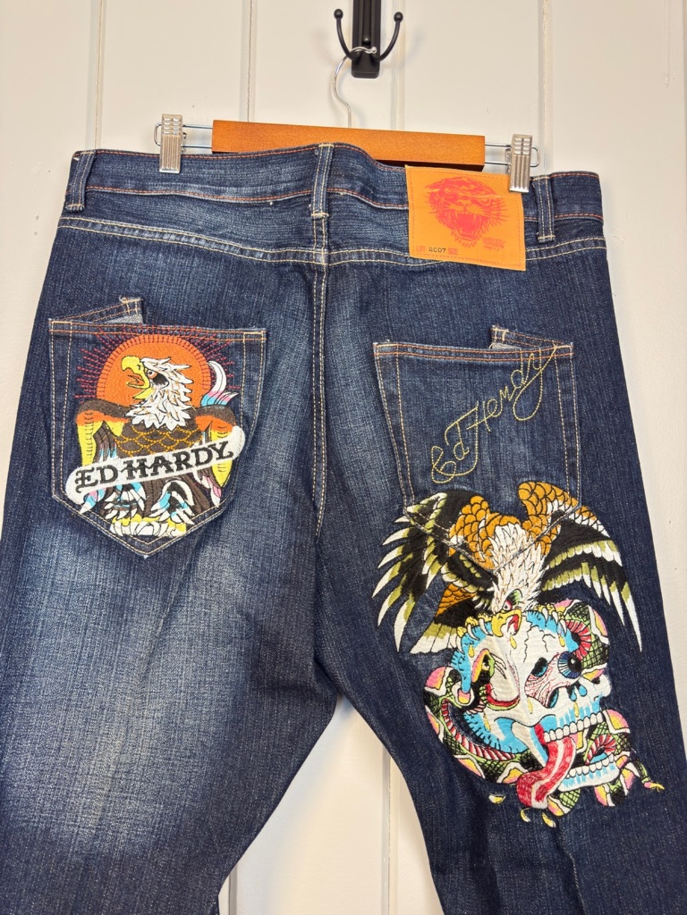 Ed Hardy Y2K Jeans Mens 36 x 32 Embroidered Patch 2007 Eagle Skull Denim